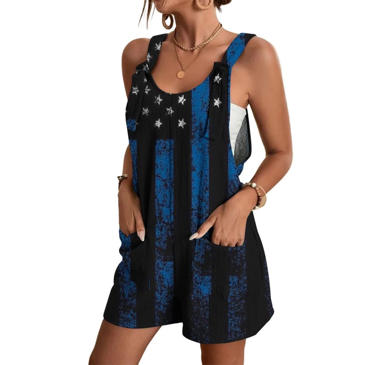 Stars & Stripes Floral Print Jumpsuit - Women's Sleeveless Romper With V-Neck And Side Pockets, Lightweight Summer Outfit For Beach Vacation, Party_ecoleips.com