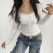 Sexy Slim Fitting Long Sleeve T-Shirt Top Lace Trim Pleated Busty American Style Pure Alluring New 2023_ecoleips.com