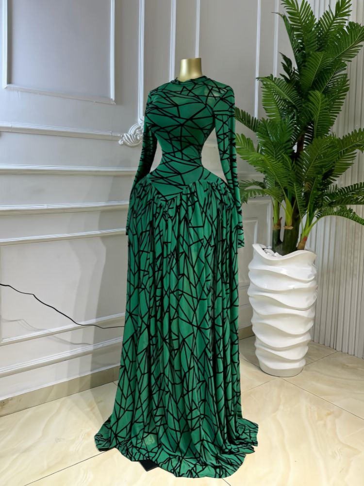New Arrival Women's Slimming Long Dress round Neck Long Sleeve Printed Fashionable European And American Style_ecoleips.com