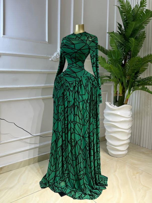 New Arrival Women's Slimming Long Dress round Neck Long Sleeve Printed Fashionable European And American Style_ecoleips.com