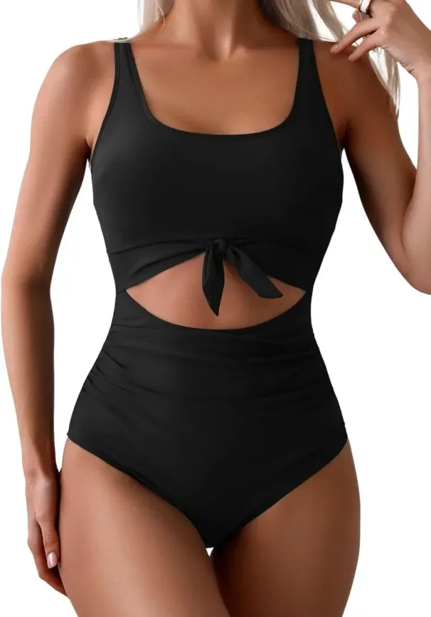 Ruched Tie-Knot Tummy Control One-Piece Swimsuit Patchwork Printing Women Bandage High Waist Vacation Beach Resort Bathing Suit_ecoleips.com
