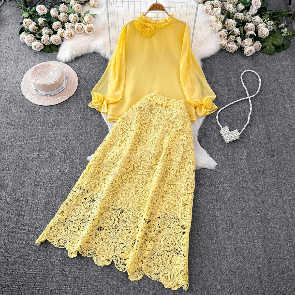 French Retro Chiffon Blouse And Slim Fitting Bodycon Skirt Set for Women round Neck Lace Trim Elegant Women's Clothing_ecoleips.com