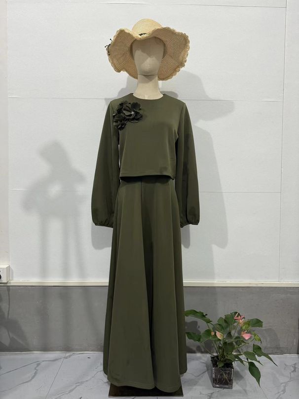 Women's Floral Dubai Lantern Sleeve Loose Dress Caramel Color Middle East Style Two Piece Skirt Set Autumn Collection_ecoleips.com