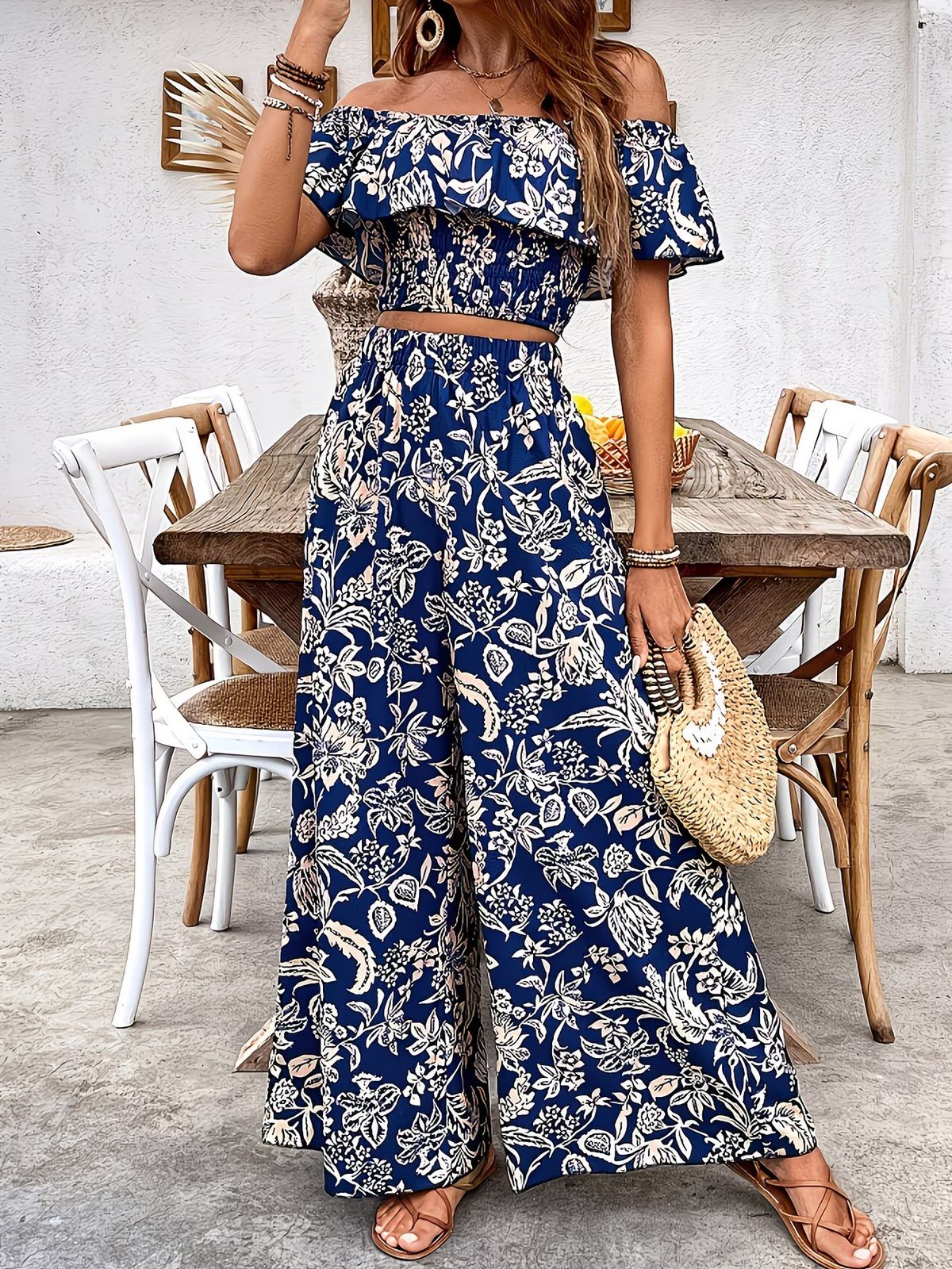 Women's Elegant Off-Shoulder Two Piece Set Floral Print Slim Fit Wide Leg Pants Spring Summer New Arrival Cross Border_ecoleips.com