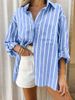 Women's Clothing Women's Loose Fitting Collar Striped Shirt Spring Summer Roll Up Sleeves Pocket Detail For Formal & Casual_ecoleips.com