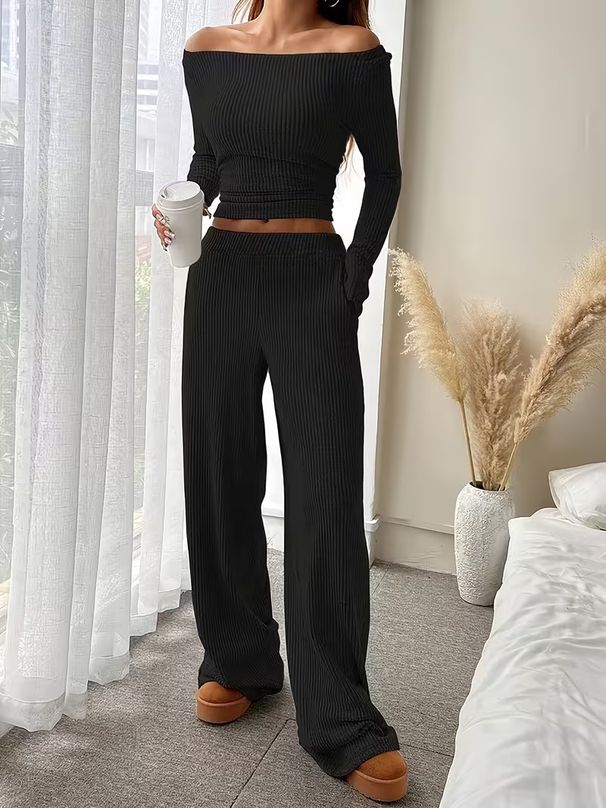 Women's Clothing Fashion Off Shoulder Slim Fit Women's Long Sleeved Two Piece Set American Style Trousers_ecoleips.com