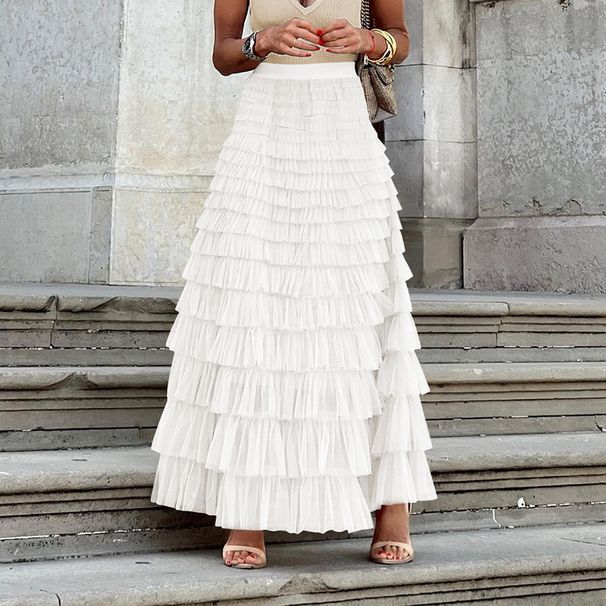 Elegant Long Dress For Women In Solid Color High-Waisted Mesh Skirt Autumn European And American Style Cake Skirt Puffy Skirt_ecoleips.com