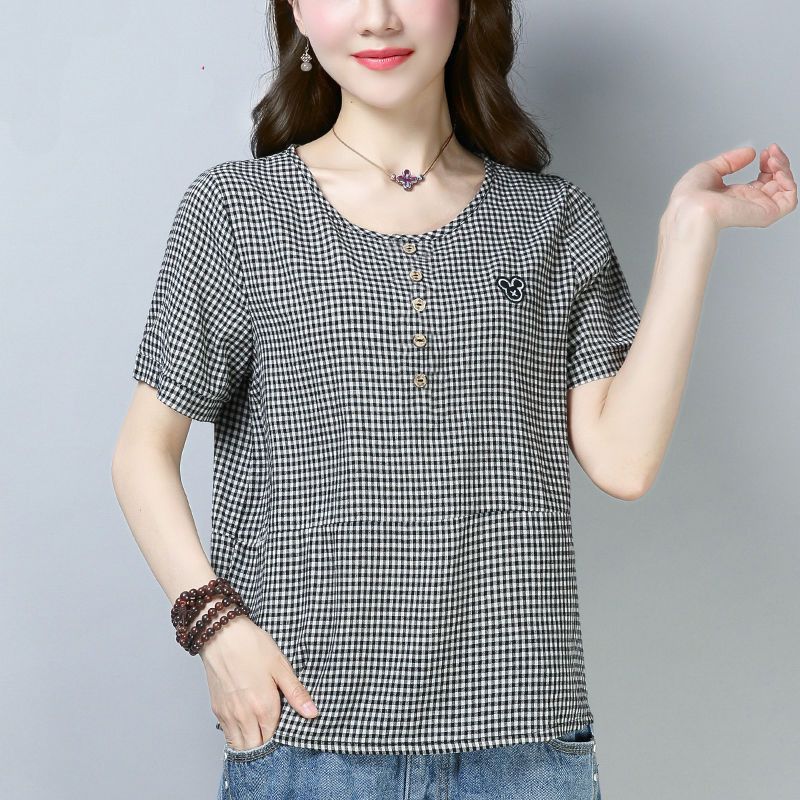 Mom Plaid T-Shirt Women's Summer Short-Sleeve 2026 Korean Style Loose Plus-Size Cotton Base Shirt_ecoleips.com