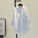 Women's White Casual Shirt Double Pockets Korean Style Loose Fit Slimming Short Front Long Back Literary Style Spring Autumn 2026_ecoleips.com