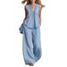 Women's Fashion Casual Solid Color Two Piece Set V Neck Gathered Loose Sleeveless Top with Casual Trousers European And American Style_ecoleips.com