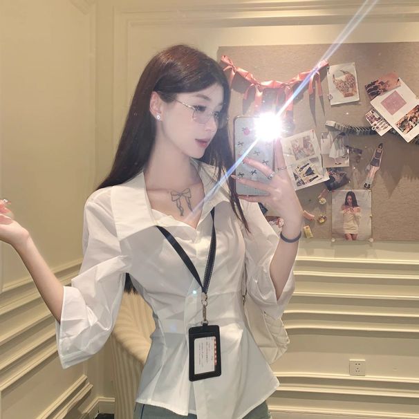 Autumn New Irregular Design Commuting Shirt, Stylish White Slim-Fit Three-Quarter Sleeve Blouse_ecoleips.com
