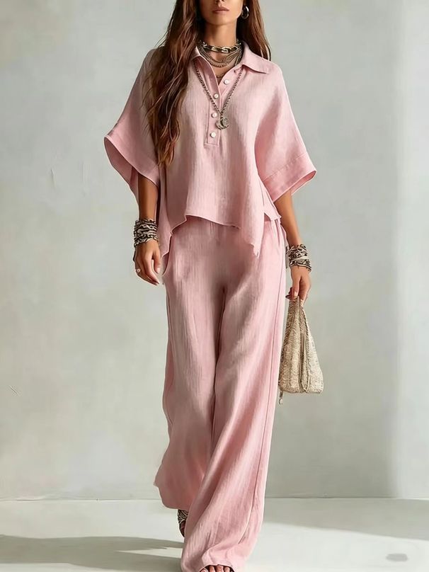 Women's Linen Wide Leg Pants Set Summer Loose Fitting Shirt Two Piece Casual Trendy European American Style Fashion 2026_ecoleips.com