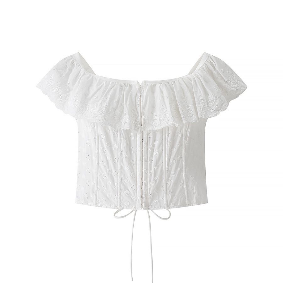 New European American Summer Style French Retro Fresh And Sweet Ruffled Tie-waist Cotton Top With Embroidered Design_ecoleips.com
