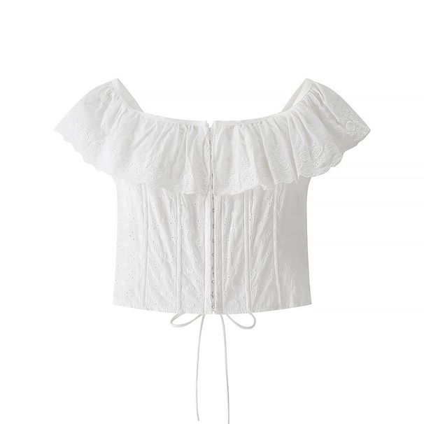 New European American Summer Style French Retro Fresh And Sweet Ruffled Tie-waist Cotton Top With Embroidered Design_ecoleips.com