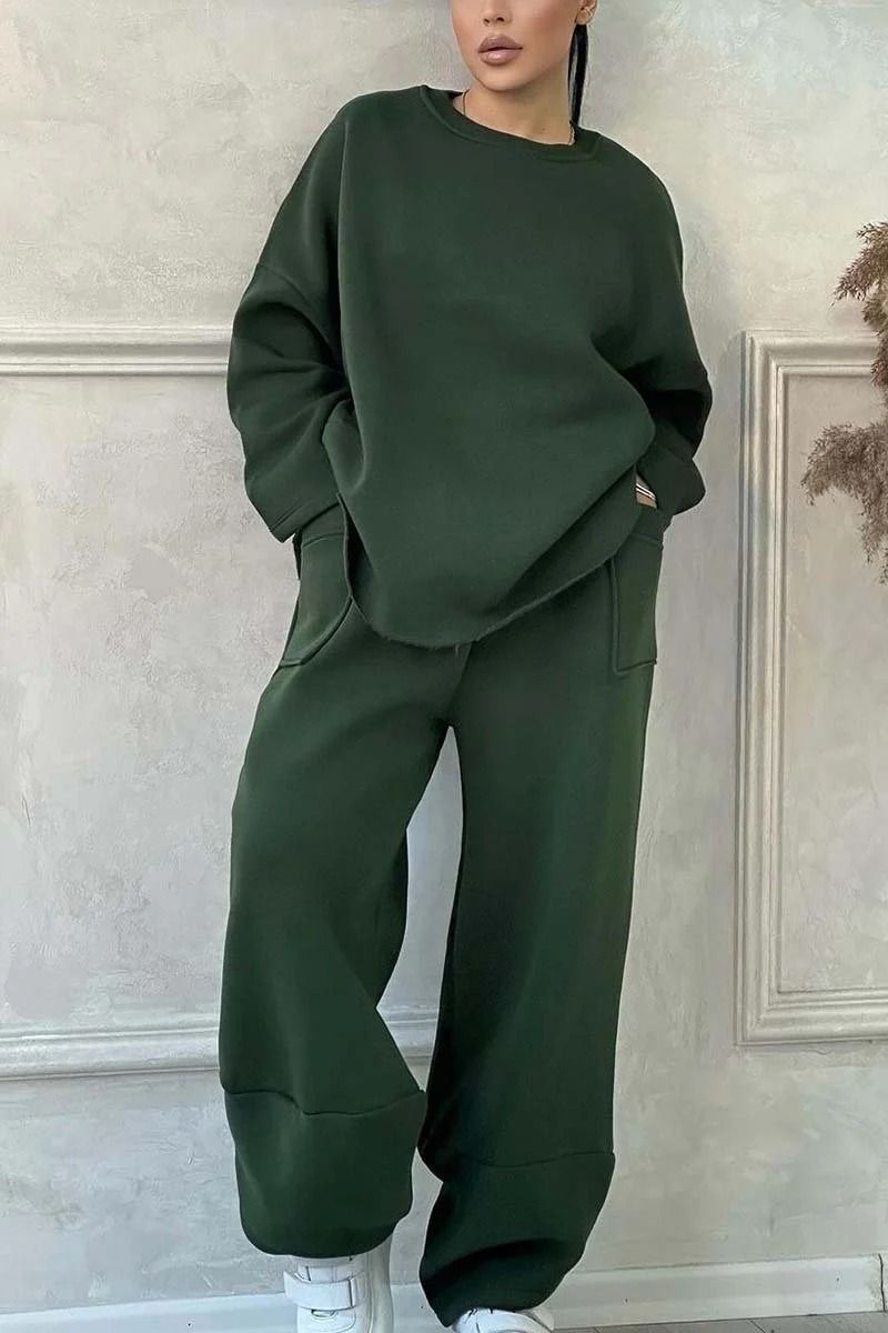 Women's Clothing Autumn And Winter Women's Casual Solid Color Round Neck Long Sleeve Pocket Sports Suit Sweater Loose_ecoleips.com