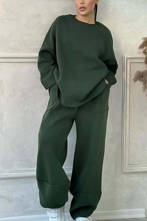 Women's Clothing Autumn And Winter Women's Casual Solid Color Round Neck Long Sleeve Pocket Sports Suit Sweater Loose_ecoleips.com
