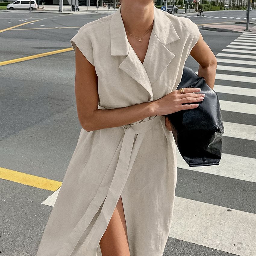 French Commuter Temperament Cotton And Linen Dress Female 2025 Summer Elegant Khaki Lace Shirt Dress Long Skirt Women's Clothing_ecoleips.com