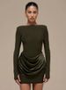 Mozision Long Sleeve Ruched Sexy Mini Dress Women Gown Elegant Satin Patchwork O Neck High Waist Club Party Dresses Fashion_ecoleips.com