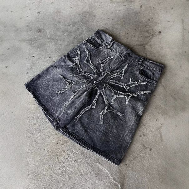 European And American Retro Gothic Denim Shorts Summer Men And Women Y2K Hip Hop Embroidery High Street Distressed Loose Shorts_ecoleips.com