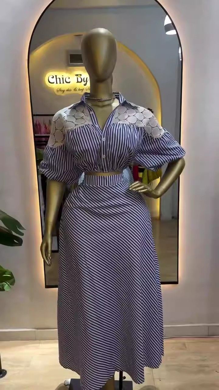 Women's Striped Lace Blouse & Skirt Set – Trendy Casual Outfit (Blue, Sizes S-XXL)_ecoleips.com