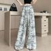 Suitable For All Seasons French Style Printed Linen Wide-Leg For Women, Summer Thin Loose Slimming Lazy Relaxed Ice Silk Straight Pants_ecoleips.com