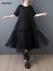 Mesh Patchwork Black Vintage Dresses For Women 2025 Summer New Short Sleeve Casual Loose Long Dress Fashion Elegant Clothing_ecoleips.com