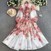 Floral Print V-Neck Dress With Bow Accent – Elegant A-Line Maxi Dress (White-Purple/White-Red/Beige, S-Xxl)_ecoleips.com