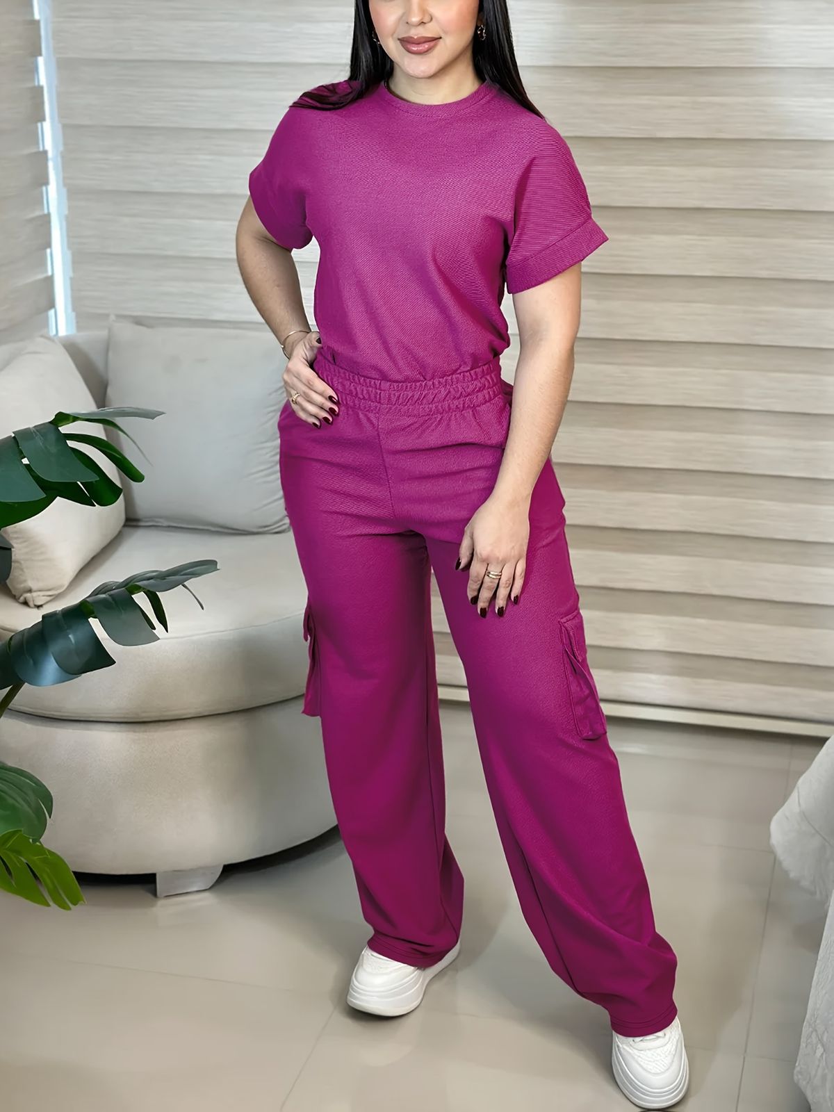 Women's Summer Casual Short Sleeve T-Shirt With Elastic Waist Multi-Pocket Cargo Pants Set, Solid Color Two-Piece Outfit_ecoleips.com