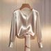 Women's Solid Color Beaded Blouse – Elegant Round Neck Long Sleeve Top For Work & Casual (Black/White/Wine/Beige)_ecoleips.com
