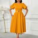 D590 European And American Women's 2025 Summer Fashion Puff Sleeve Elegant High Waist Solid Color Round Neck Large Hem_ecoleips.com