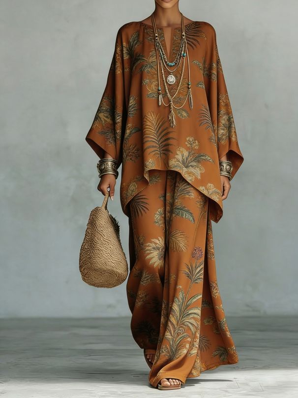Bohemian Print Women's Lounge Set Flowy Long Robe And Pants Two-Piece Outfit S-5XL in 9 Colors_ecoleips.com
