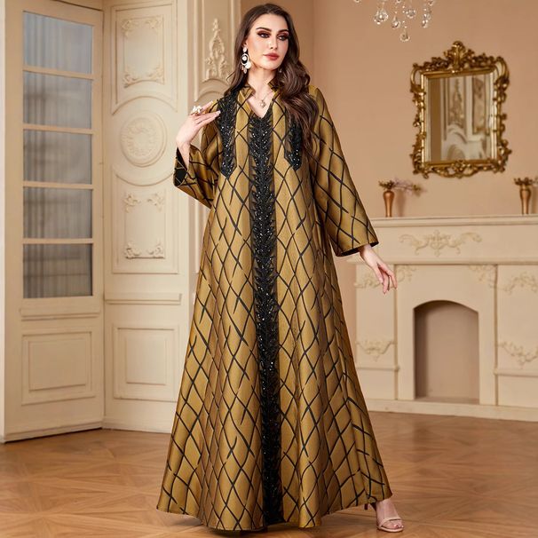 Elegant V Neck Long Dress for Women New Fashion Jacquard 4153 Cross Border Style with Long Sleeves_ecoleips.com