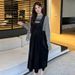 Real Shot Maternity Autumn Winter Black Textured Strap French Court Style Elegant Slimming Tank Dress_ecoleips.com