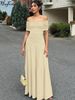 Hugcitar Elegant Slash Neck Short Sleeve Solid Ruched Sexy Bodycon Maxi Dress Fall Women Fashion Outfits Birthday Party Vacation_ecoleips.com