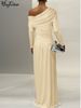 Hugcitar Fashion One Shoulder Solid Long Sleeve Ruched Sexy Bodycon Pleated Maxi Dress Autumn Women Clothes Party Festival_ecoleips.com