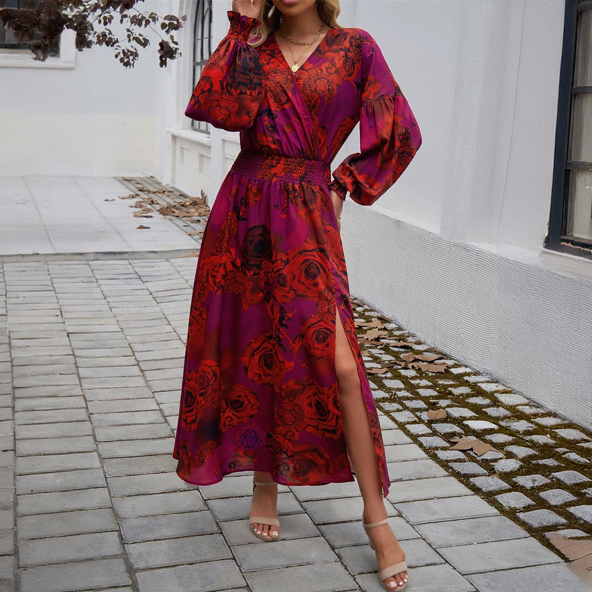Elegant V Neck High Waist Floral Print Long Dress Women Casual Vacation Wear_ecoleips.com