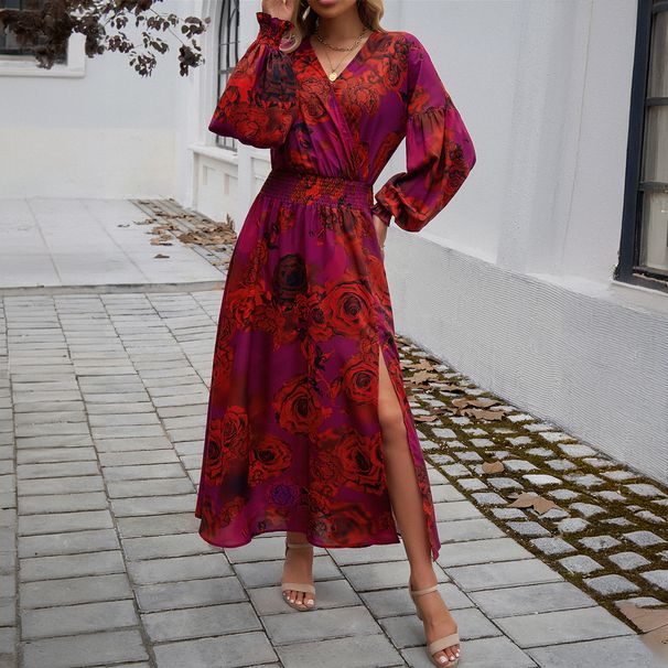 Elegant V Neck High Waist Floral Print Long Dress Women Casual Vacation Wear_ecoleips.com
