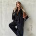 Women's Clothing American Style Autumn Design Suit Color Block Printed Flocking Denim Jacket With Belted Trousers Set Casual Polyester Pant Outfit_ecoleips.com