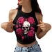 Halloween 's Top, New European And American Style, Skull Digital Print, Sleeveless Off-shoulder Short Tank Top For_ecoleips.com