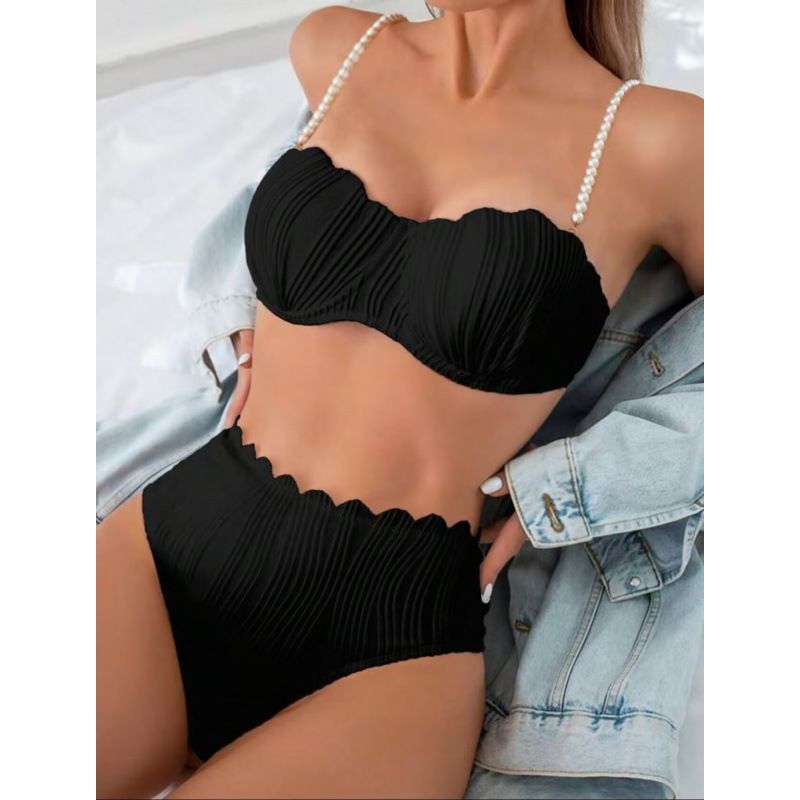Women's Shell Bikini Set – Sexy Triangle Top & High-Cut Bottom With Underwire Support (Black/White, S-Xl)_ecoleips.com