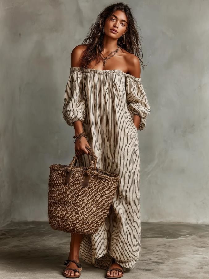2026 Summer New Elegant Casual Loose One Collar Striped Dress For Women_ecoleips.com