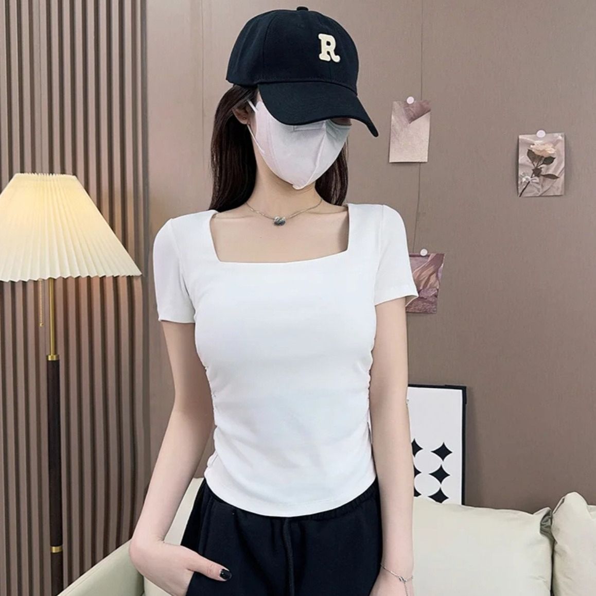 Spring And Summer Low-necked Slim-fitting And Thin-showing Collarbone Bottoming Shirt With Inner Collar Thickened Top_ecoleips.com