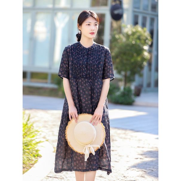 Original High-end Women's Clothing Wholesale 2025 Spring/summer New Vintage Artistic Ramie Floral Dress One-piece Drop_ecoleips.com