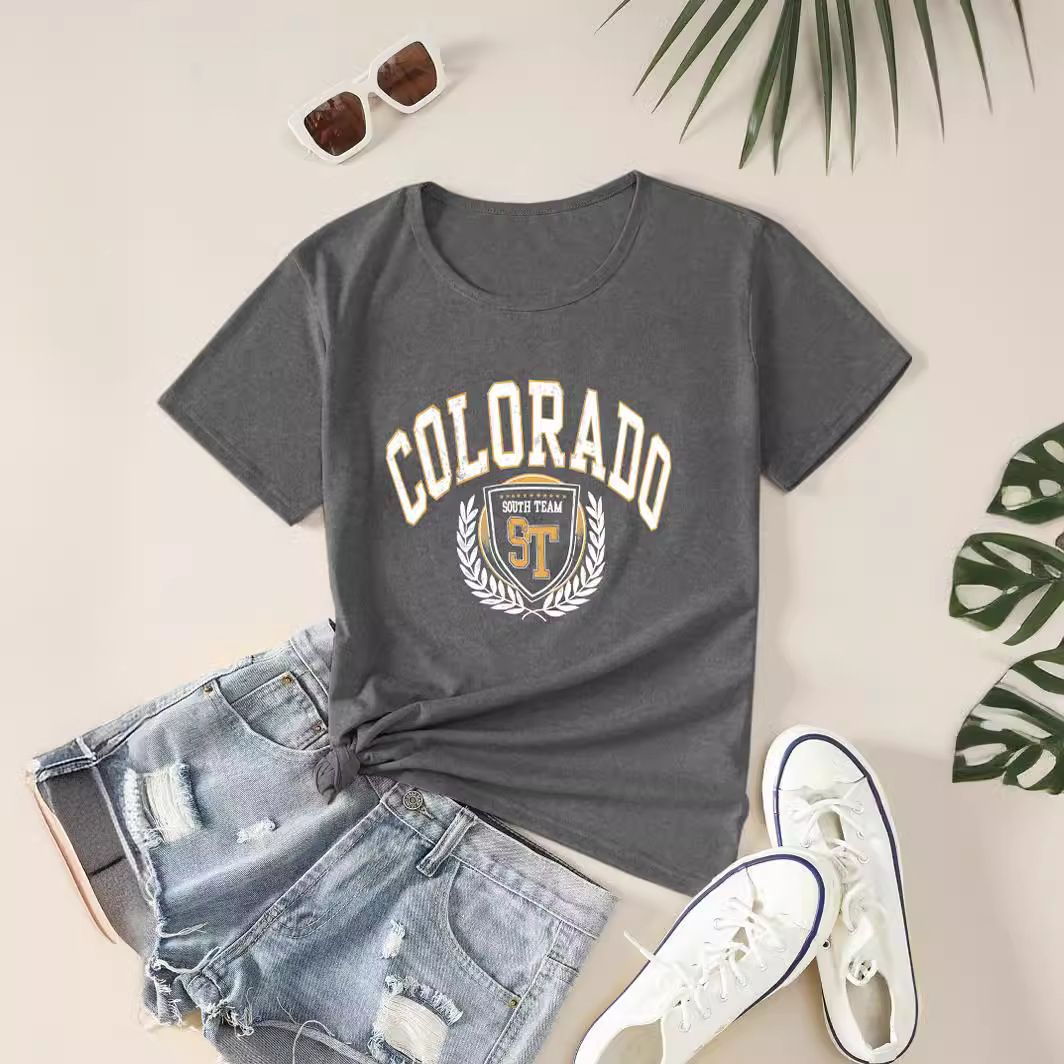 Women's Clothing Women's Casual Gray T-Shirt Round Neck Short Sleeved With Letter Print Style Simple Sportswear Top_ecoleips.com
