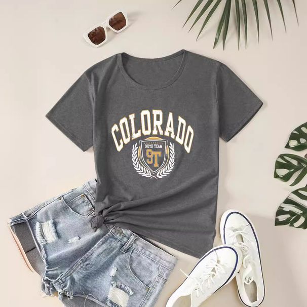 Women's Clothing Women's Casual Gray T-Shirt Round Neck Short Sleeved With Letter Print Style Simple Sportswear Top_ecoleips.com
