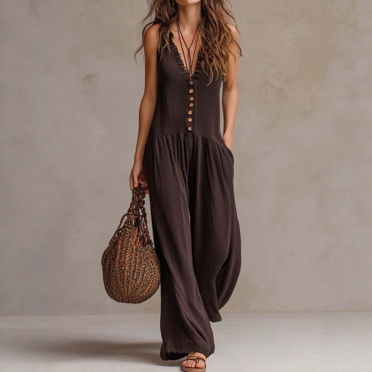 Women's Bohemian Style V Neck Sleeveless Pleated Wide Leg Jumpsuit Casual Vacation Fashion_ecoleips.com
