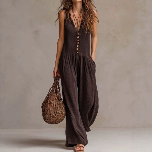 Women's Bohemian Style V Neck Sleeveless Pleated Wide Leg Jumpsuit Casual Vacation Fashion_ecoleips.com
