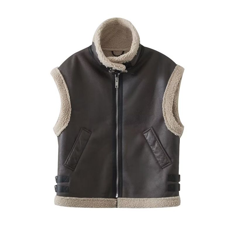 Women's clothing Fur integrated lamb hair vest for women autumn and winter new style lapel stitching motorcycle vest fur vest jacket_ecoleips.com