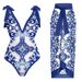 French Retro Printed One-Piece Swimsuit With Tulle Skirt - Sexy Beach Dress For Hot Spring & Vacation (Dark Blue, Light Blue, Purple, Green)_ecoleips.com