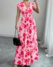 Short-sleeved Lace-up Dress, New Printed V-neck Long Dress, Cross-border Summer Waist Women's Clothing_ecoleips.com